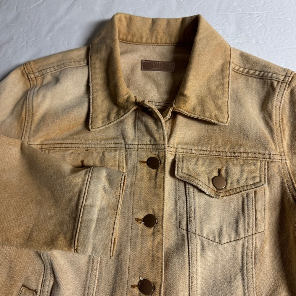 KUT from the Kloth Mustard Tan Acid Wash Frayed Hem Denim Jacket Large